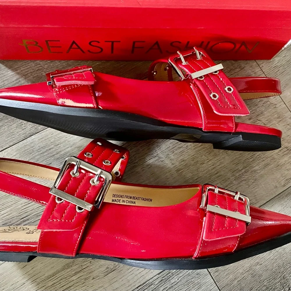 Beast Fashion Red Faux Patent Grommet Buckle Pointed Toe Shoes Flats 7.5 - Picture 7 of 7